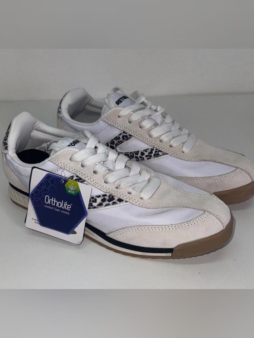 Tretorn Women's White Suede & Fabric Sneakers with Leopard Accent- 8.5
